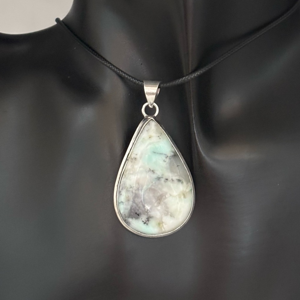 Natural Moss Aquamarine Stone Teardrop Silver Pendant